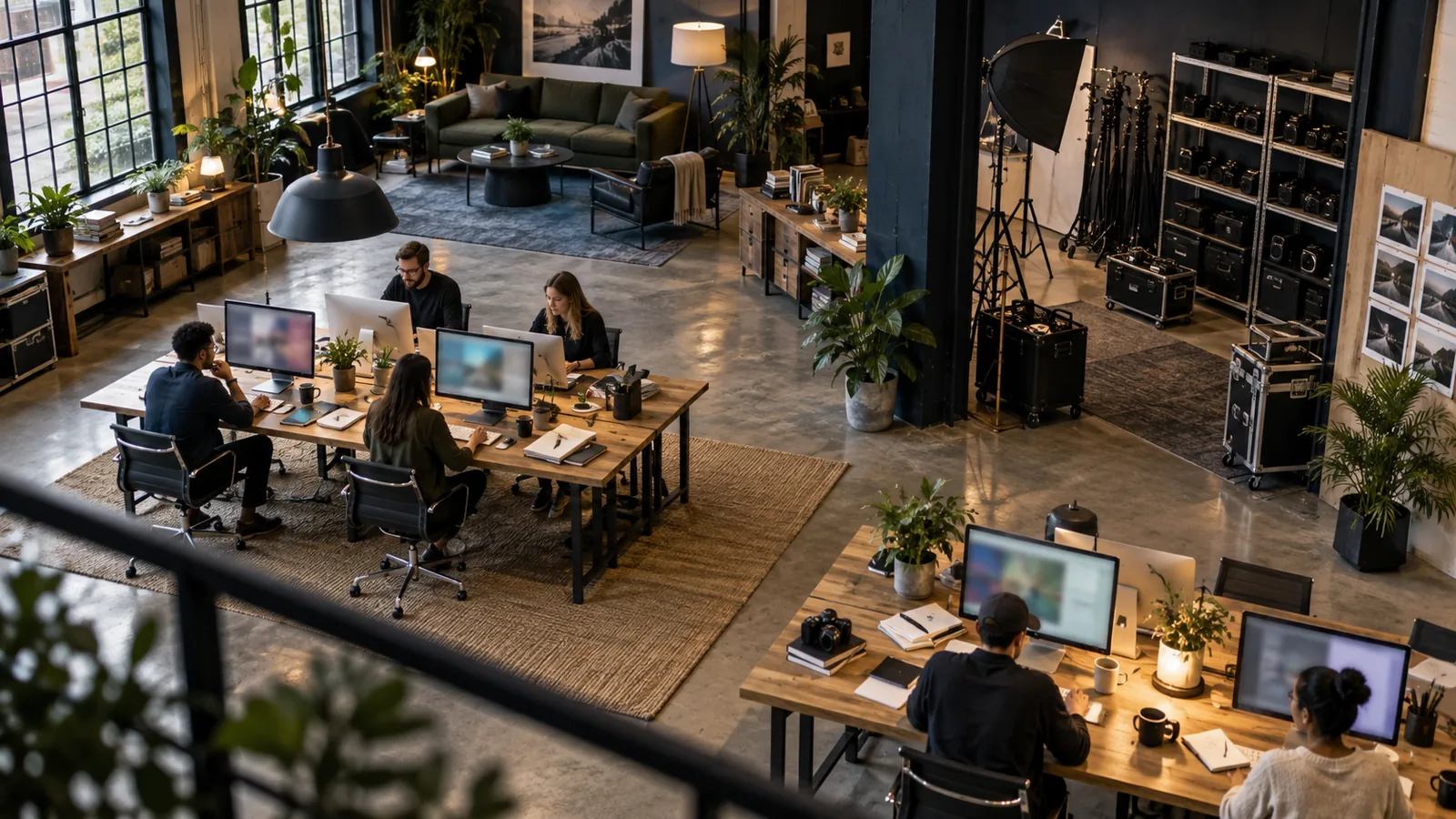 Illustrative creative agency studio with coordinated teams and production resources