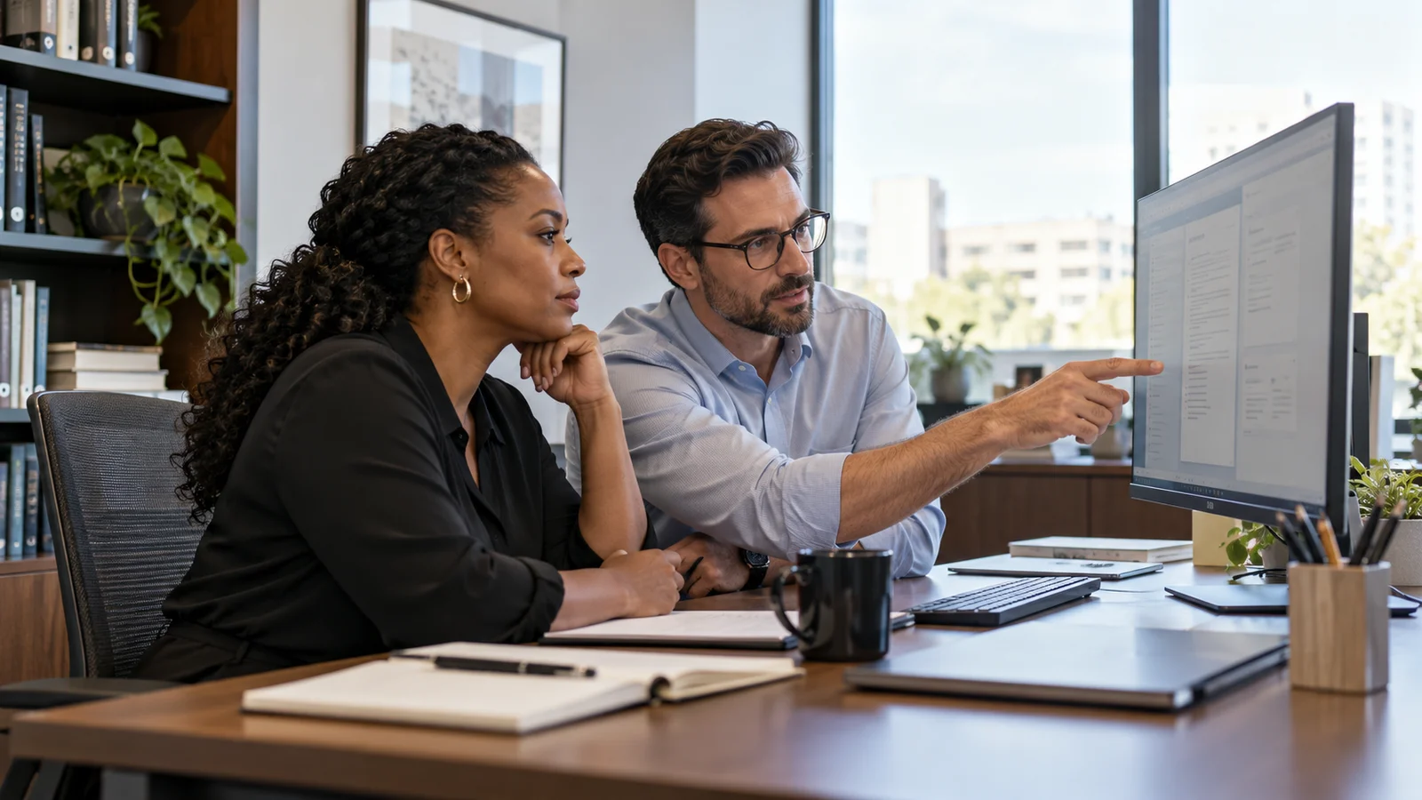Illustrative law-firm operators evaluating a digital workflow together on a monitor