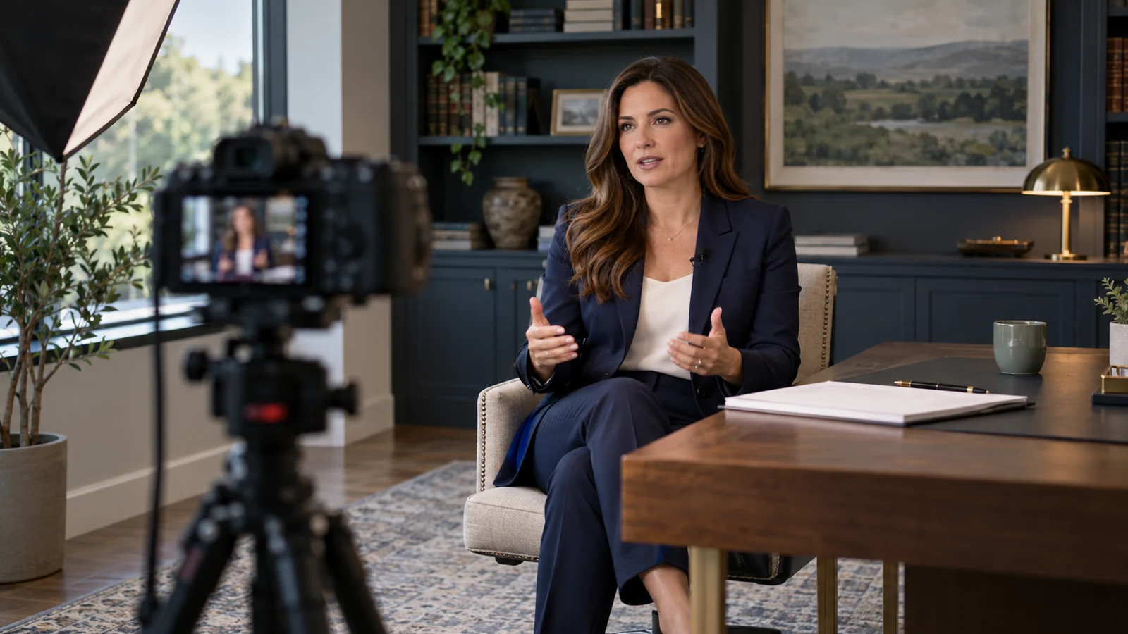Synthetic editorial scene of an attorney recording an educational video with a camera, microphone and prepared content brief