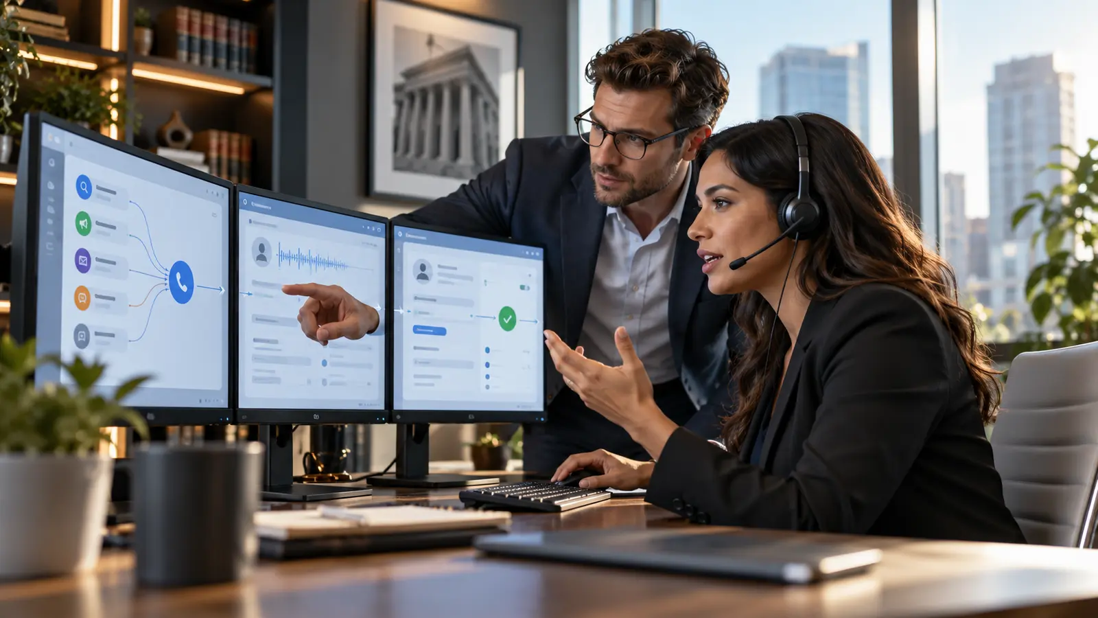 Intake manager and marketing analyst tracing an inbound call into a client-management record