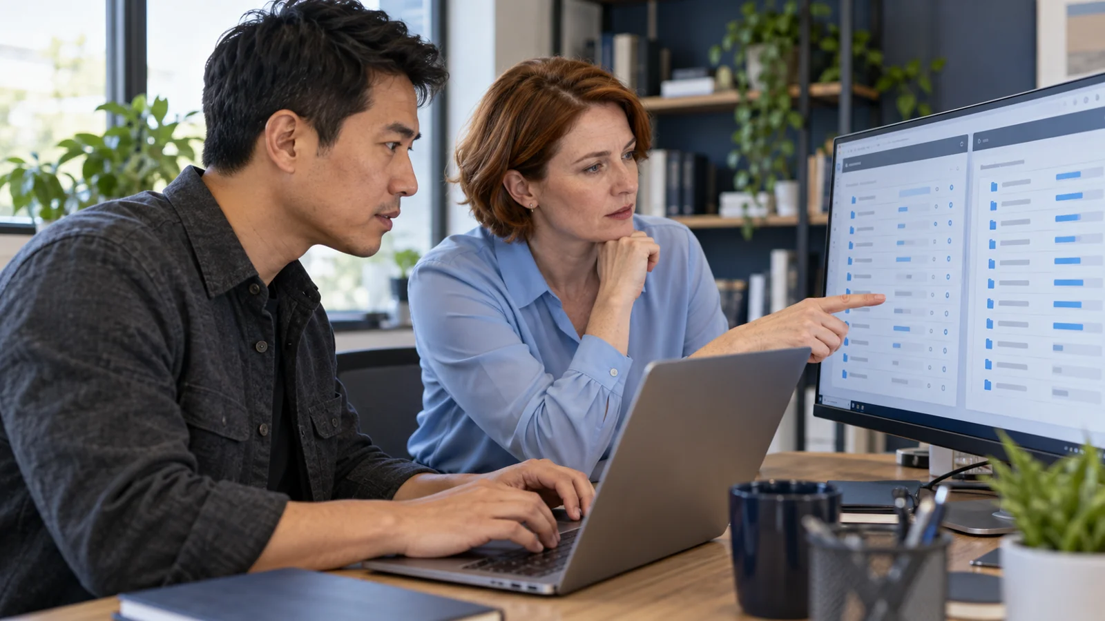 operations lead and implementation specialist checking digital records during a case-management migration