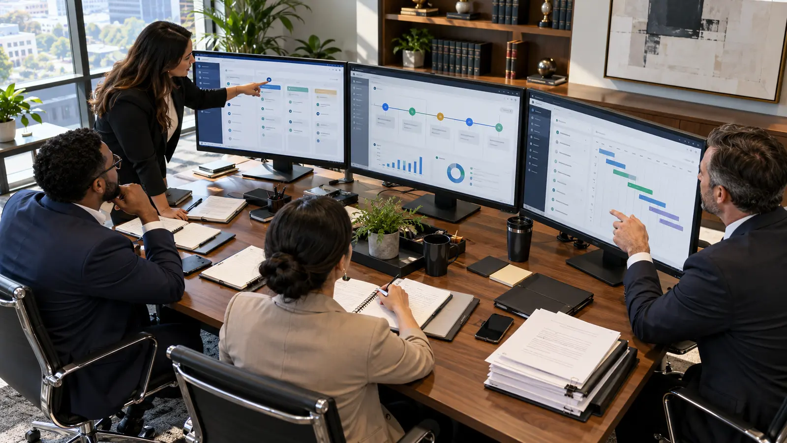 Law-firm operations team comparing three digital case-management workflows