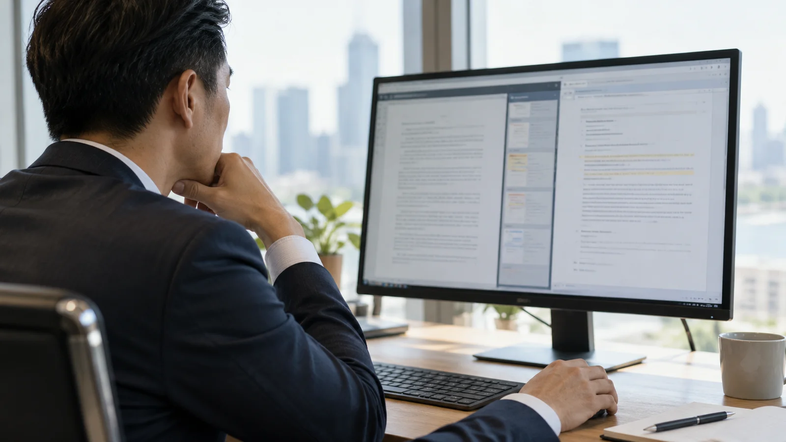 Illustrative attorney comparing source material with a draft on a wide monitor