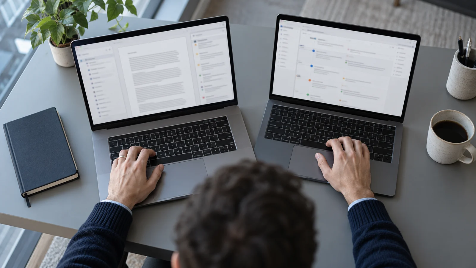 Illustrative evaluator comparing two digital document workflows on separate laptops
