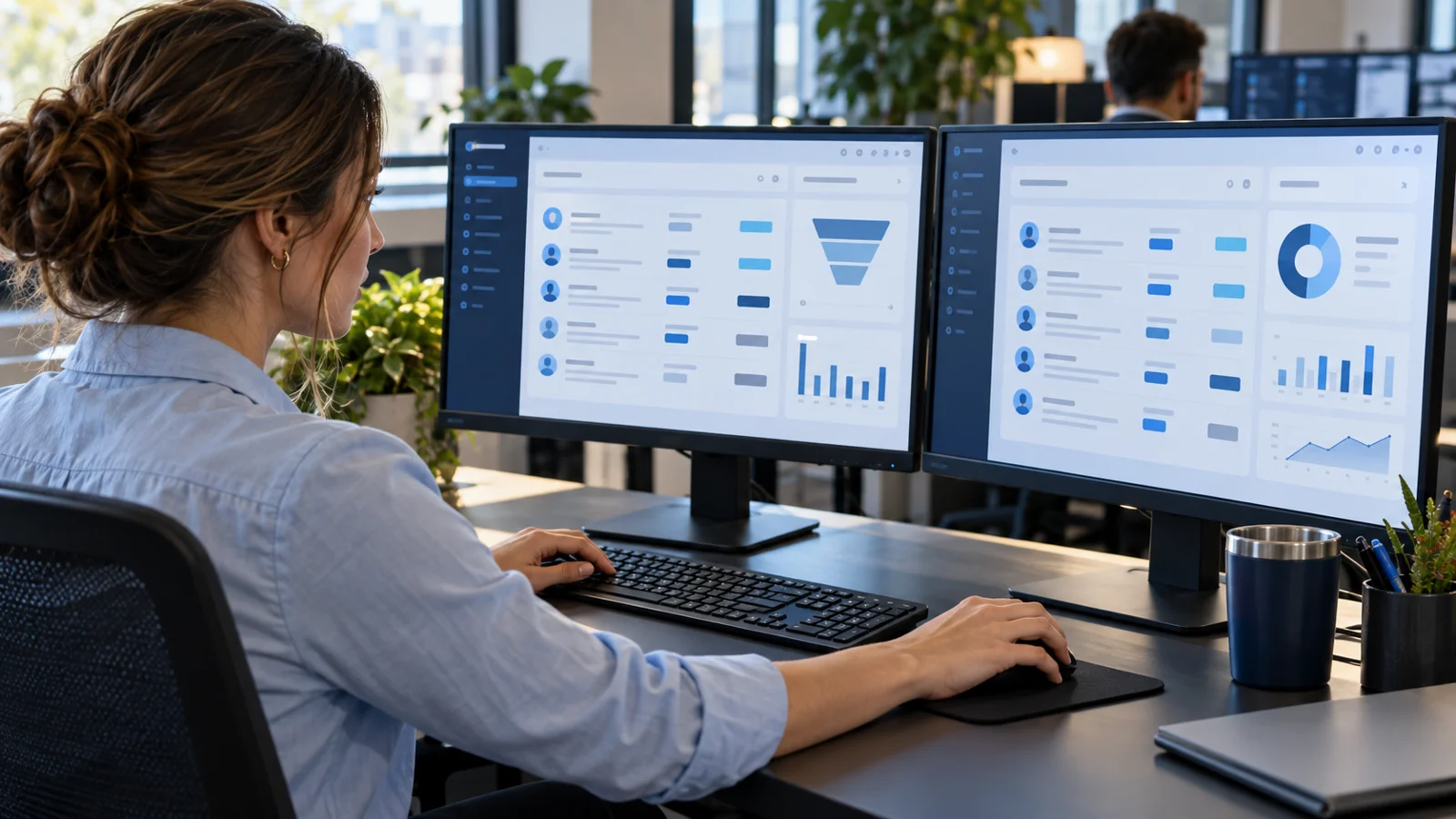 analyst comparing two digital PI lead-purchase cohorts on separate monitors