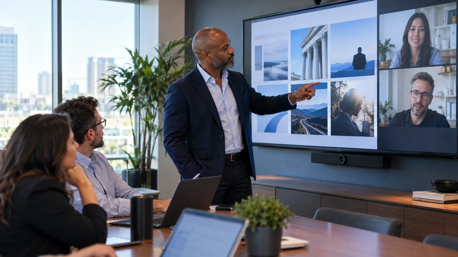 law-firm partner reviewing an advertising creative plan with an agency on a video call
