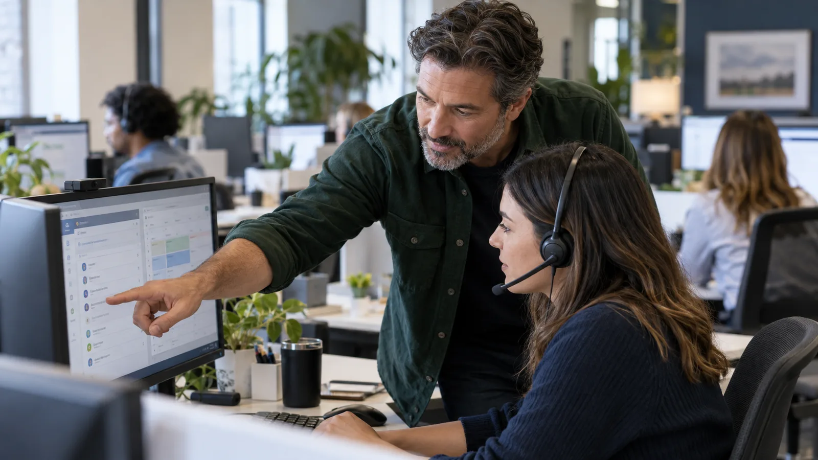 intake supervisor coaching a headset-wearing colleague through a digital task queue