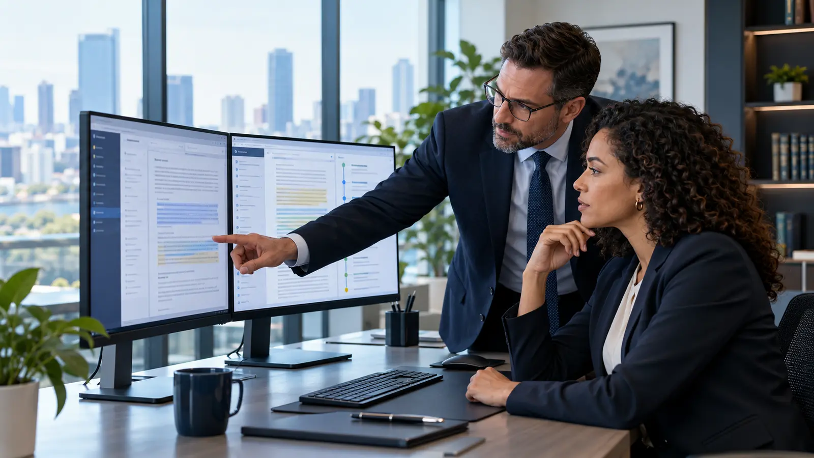 personal injury law-firm leaders reviewing an AI-assisted legal research and document workflow on digital monitors
