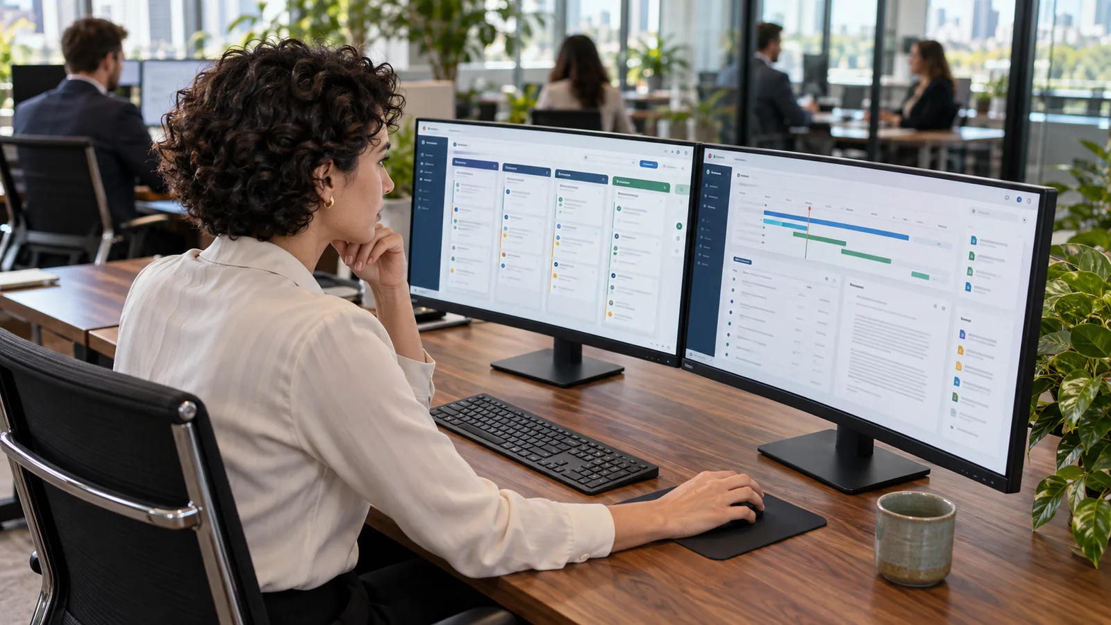 operations director comparing prospective-client workflow and active matter records on two monitors