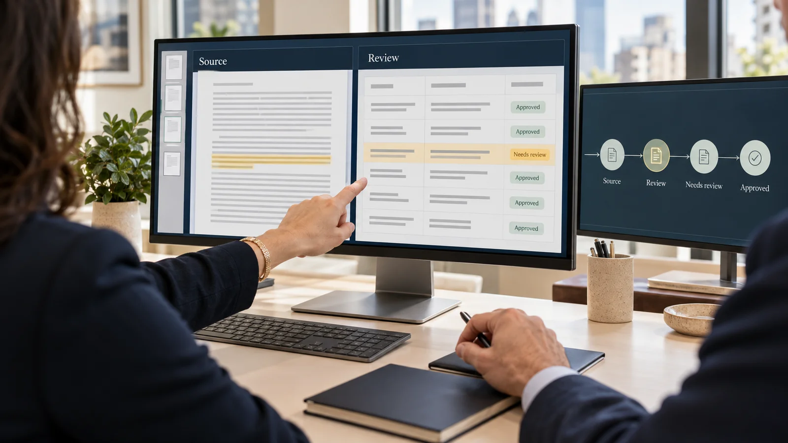 Editorial scene of law-firm professionals checking a source document against an AI-prepared review table and approval workflow