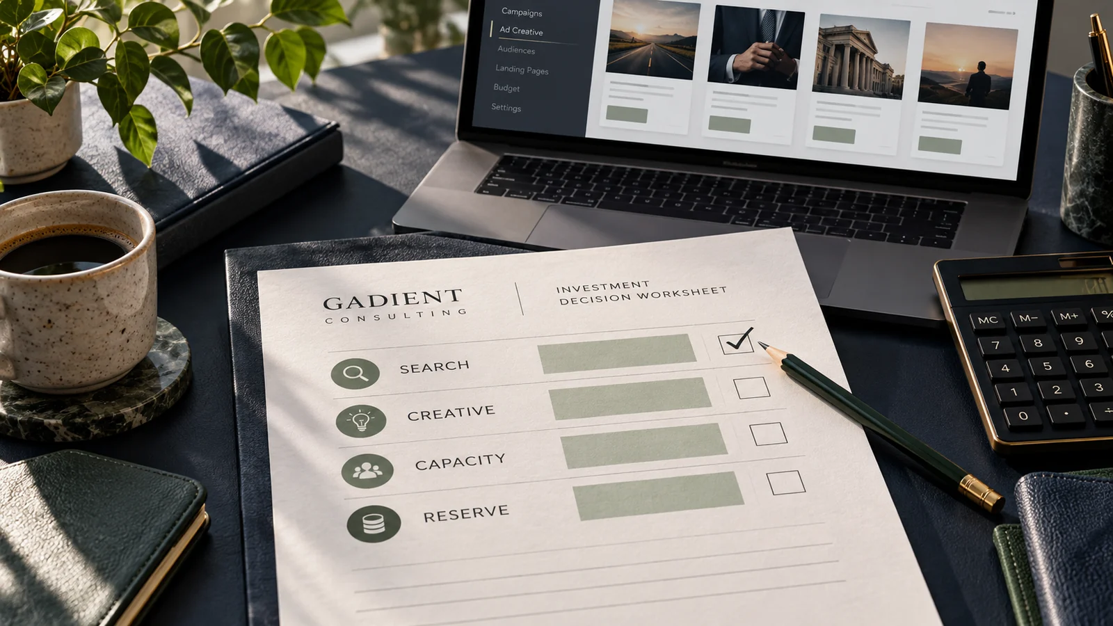 Editorial scene of a marketing investment worksheet comparing search, creative, capacity and reserve beside campaign assets