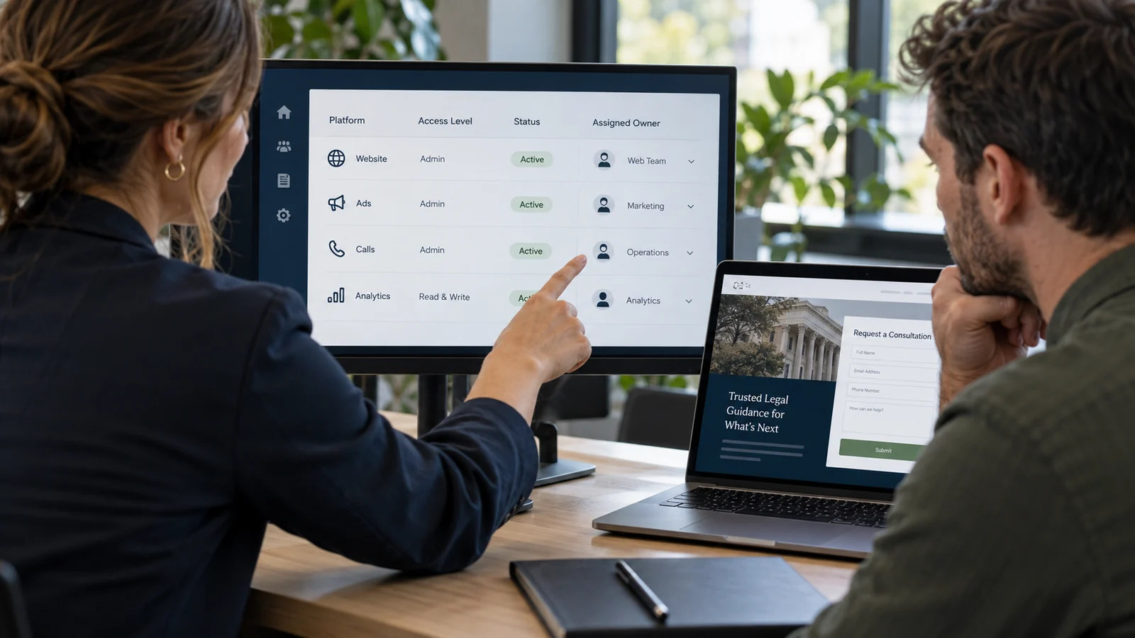 Editorial illustration of a law-firm operations director and specialist reviewing marketing account ownership and website inquiry delivery
