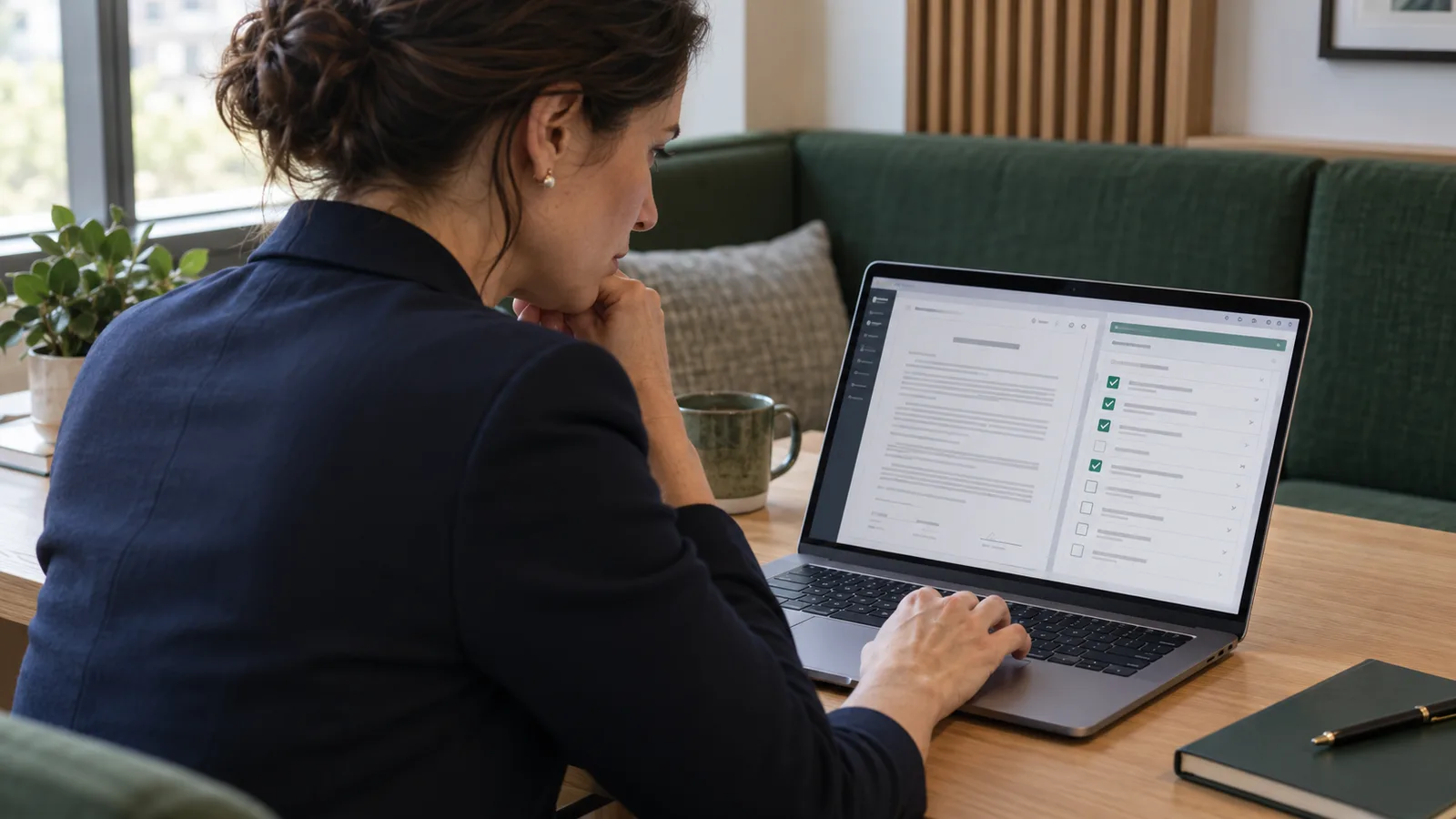 managing attorney reviewing a digital engagement agreement and vendor acceptance checklist