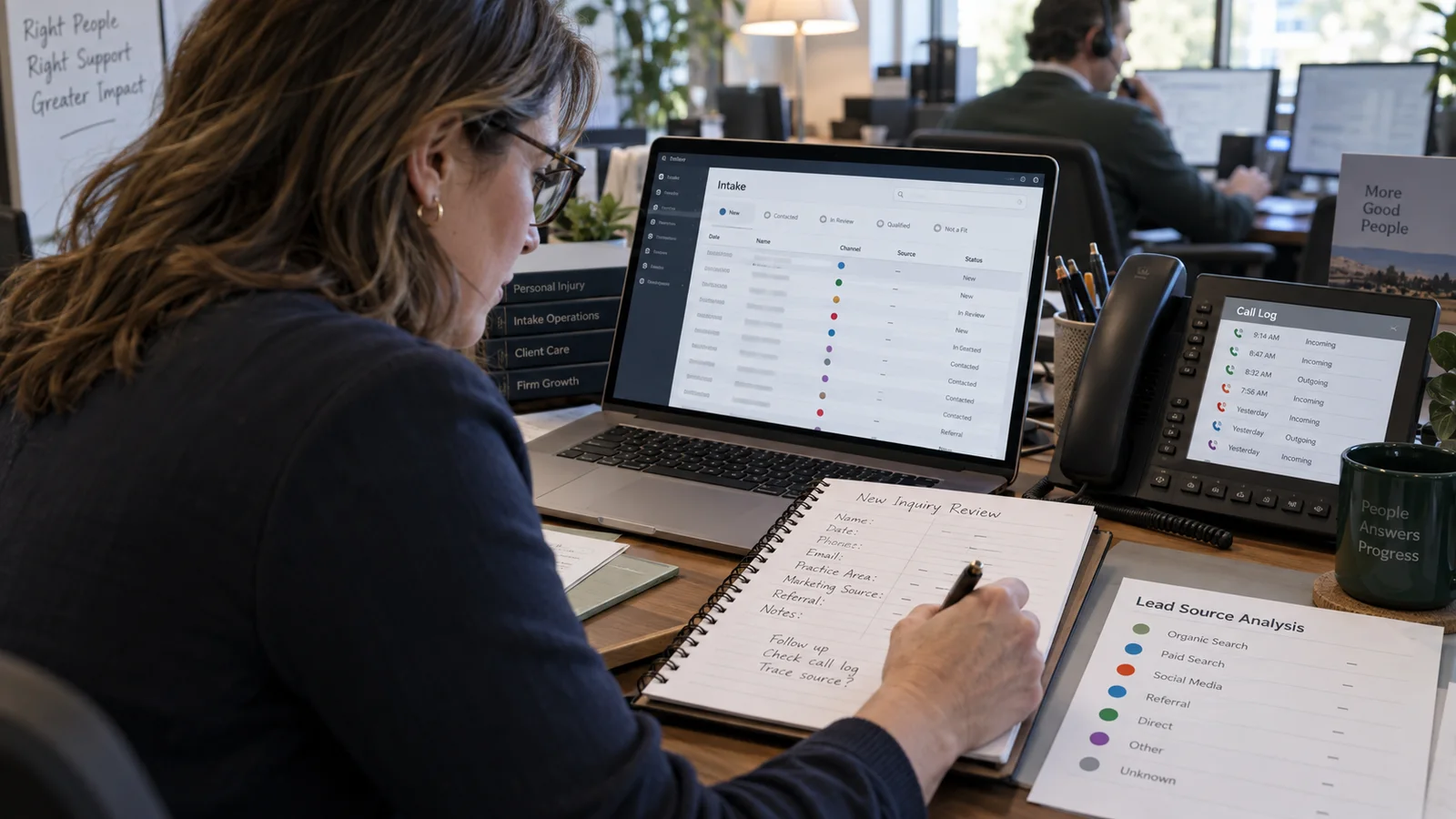 Law-firm intake analyst tracing an inquiry across call, website, and intake records with missing source fields