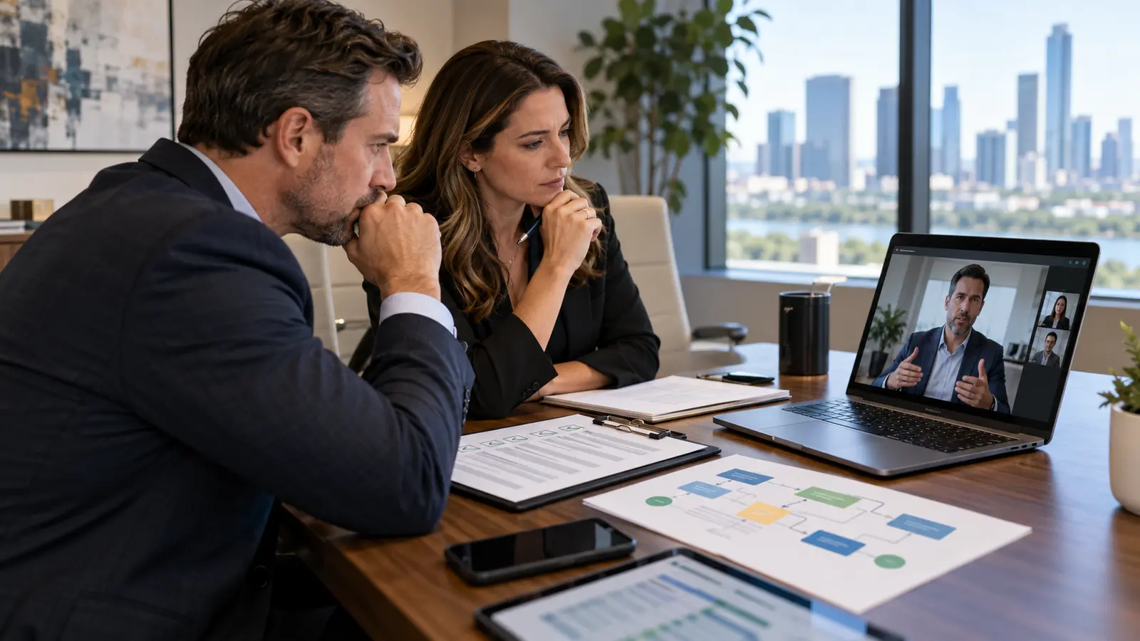 Law-firm owner and operations leader conducting a documented video review of a lead vendor