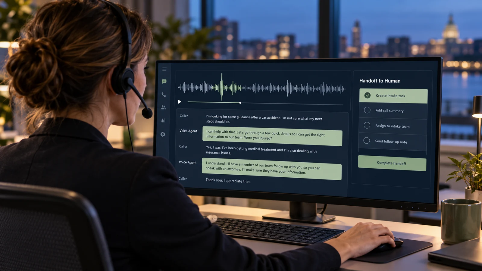 Editorial scene of an intake operations manager reviewing a voice-agent transcript and human handoff task on a monitor