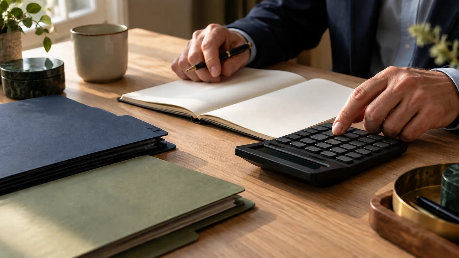 Illustrative business budgeting session with a calculator, notebook, and separate investment folders