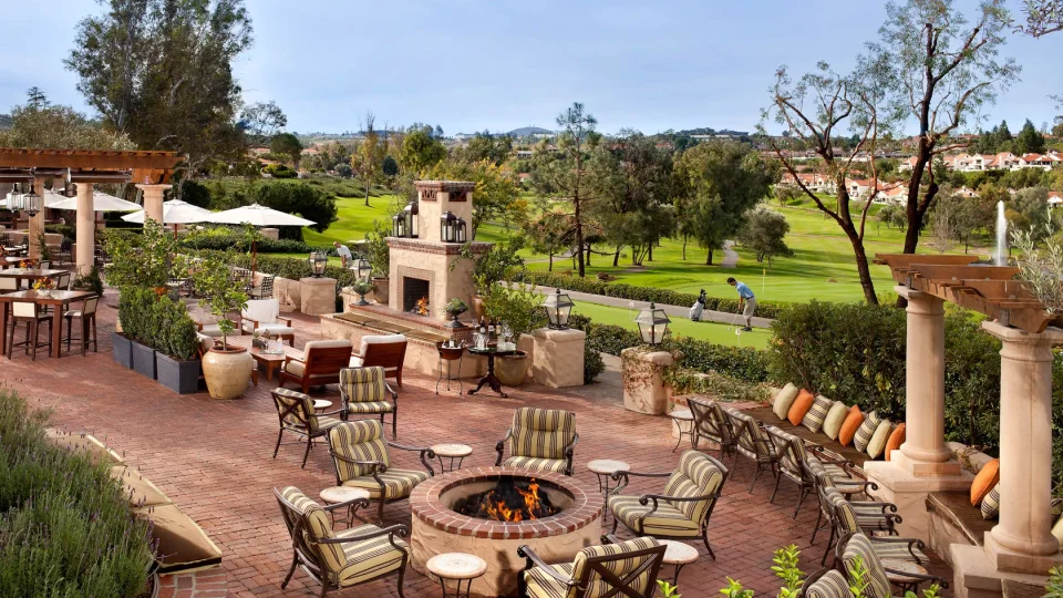 Outdoor terrace and golf course at Rancho Bernardo Inn