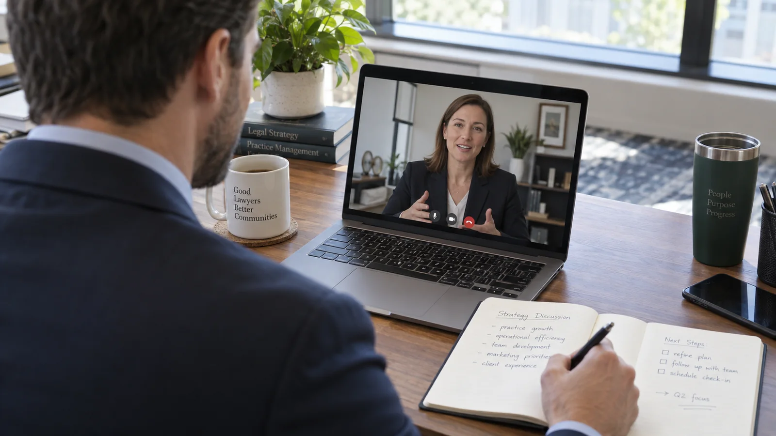 Law-firm owner having a video strategy consultation with a marketing adviser
