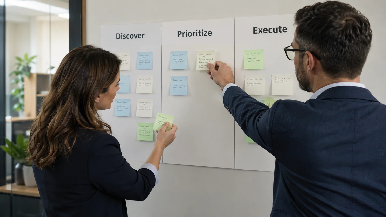 Professionals organizing engagement tasks under Discover, Prioritize, and Execute