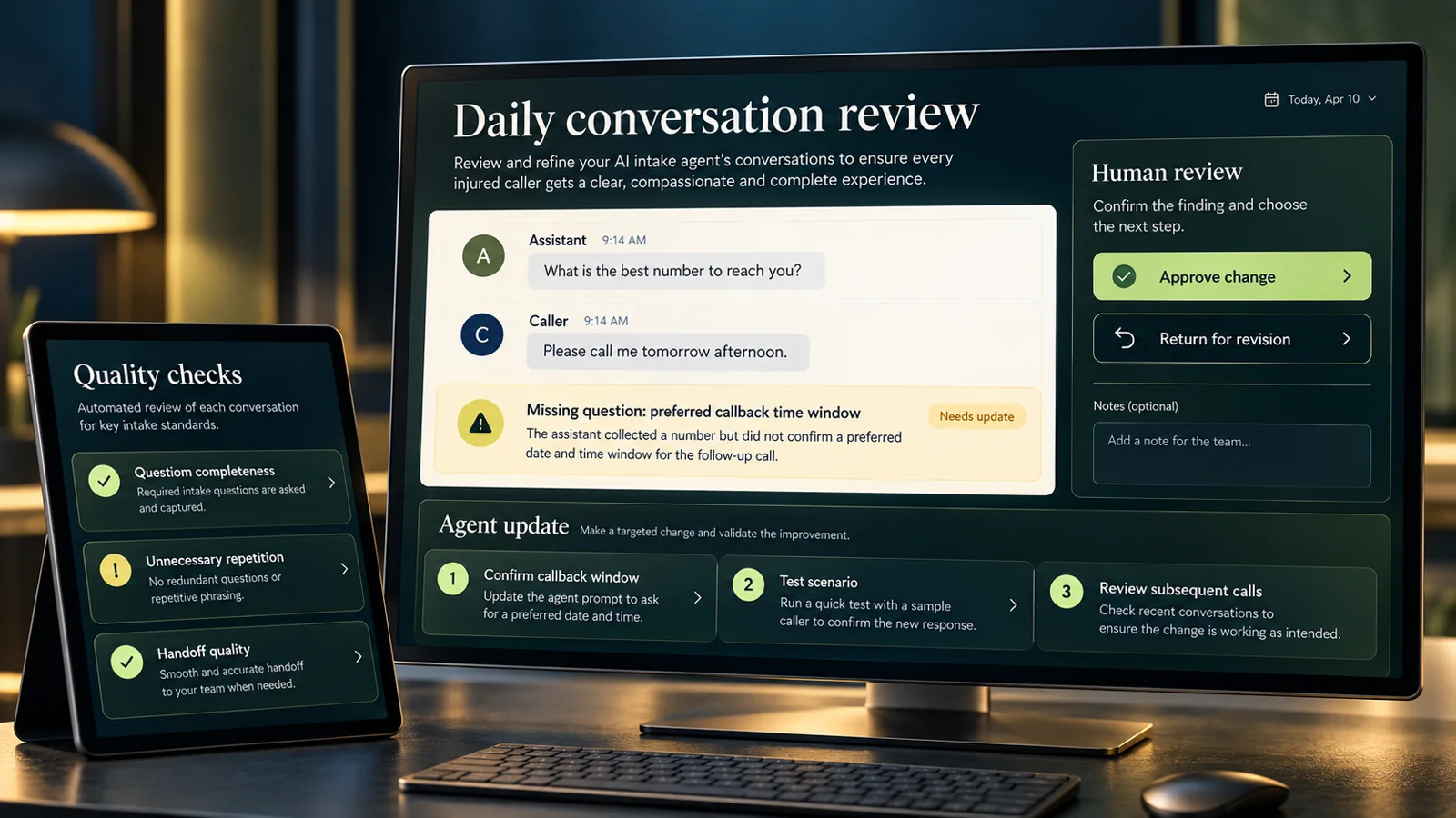 Conceptual AI conversation quality review with flagged questions and human approval controls