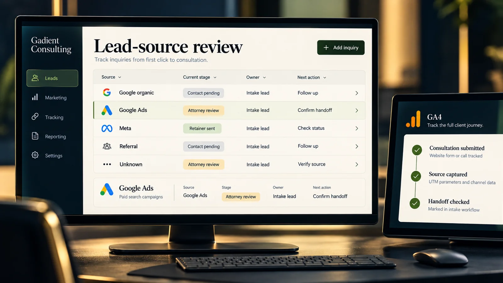 Conceptual digital workspace for law firm marketing attribution & reporting