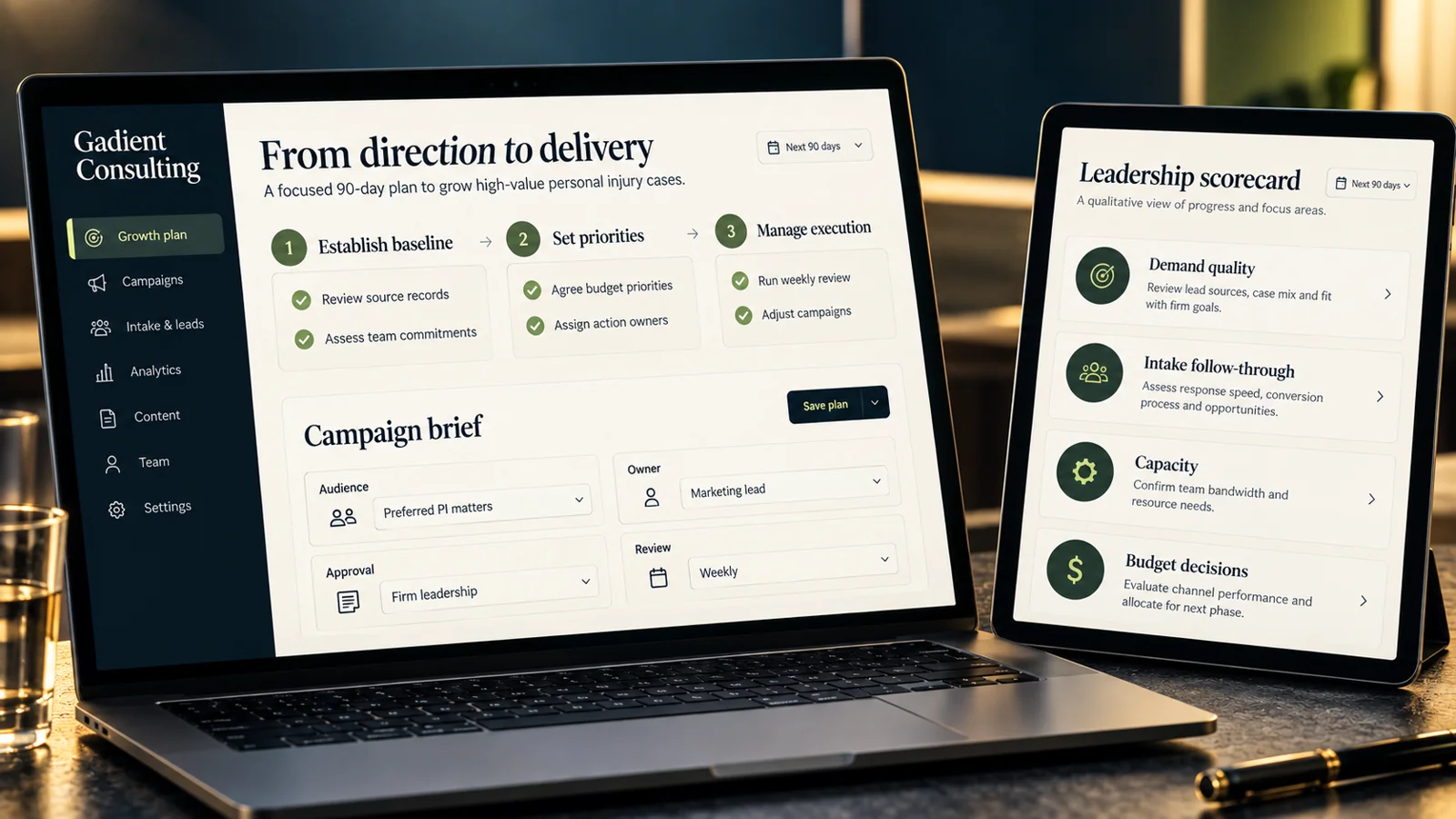 Digital growth plan, campaign brief, and management scorecard sample previews