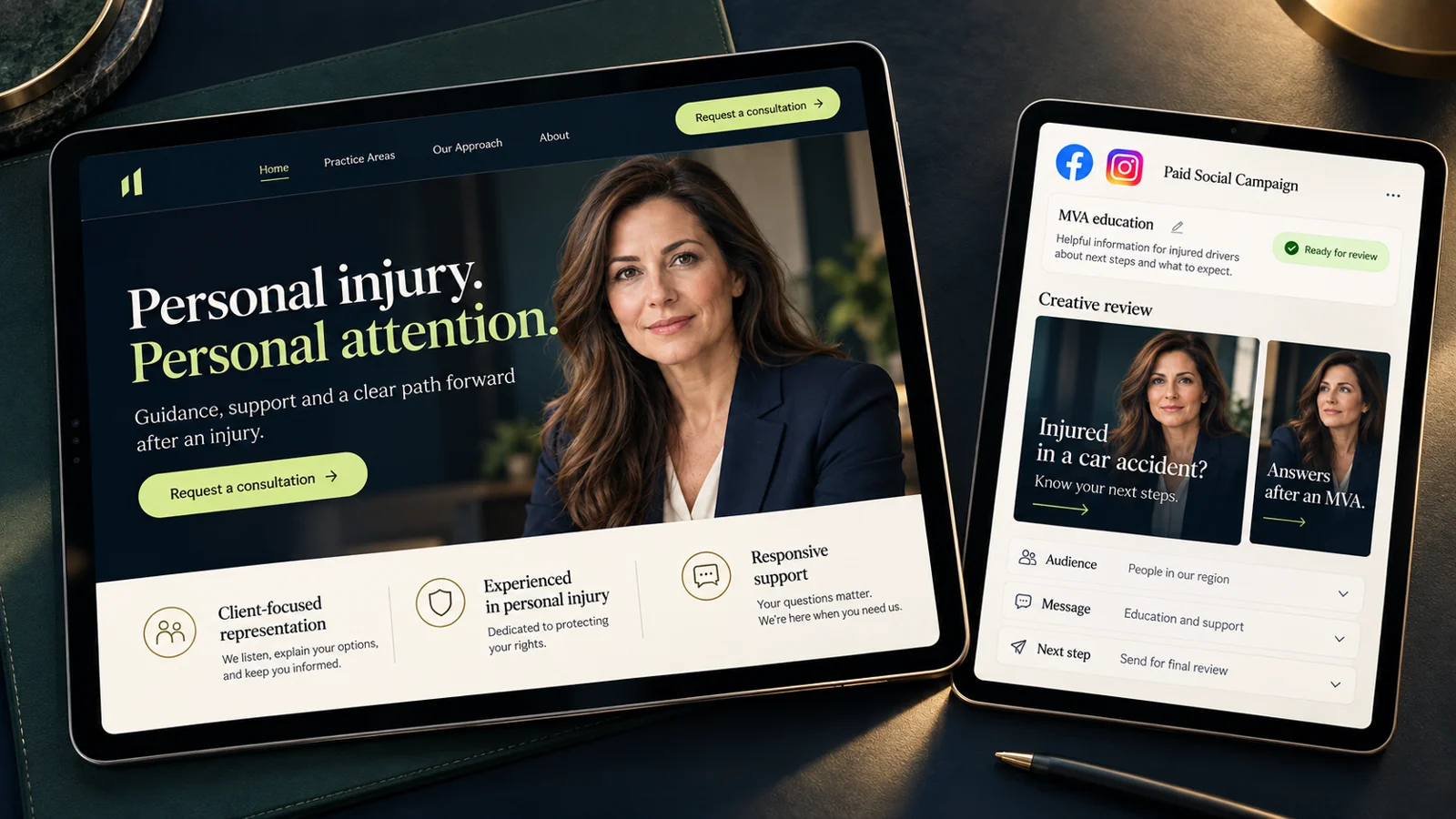 Conceptual digital workspace for personal injury law firm marketing consulting