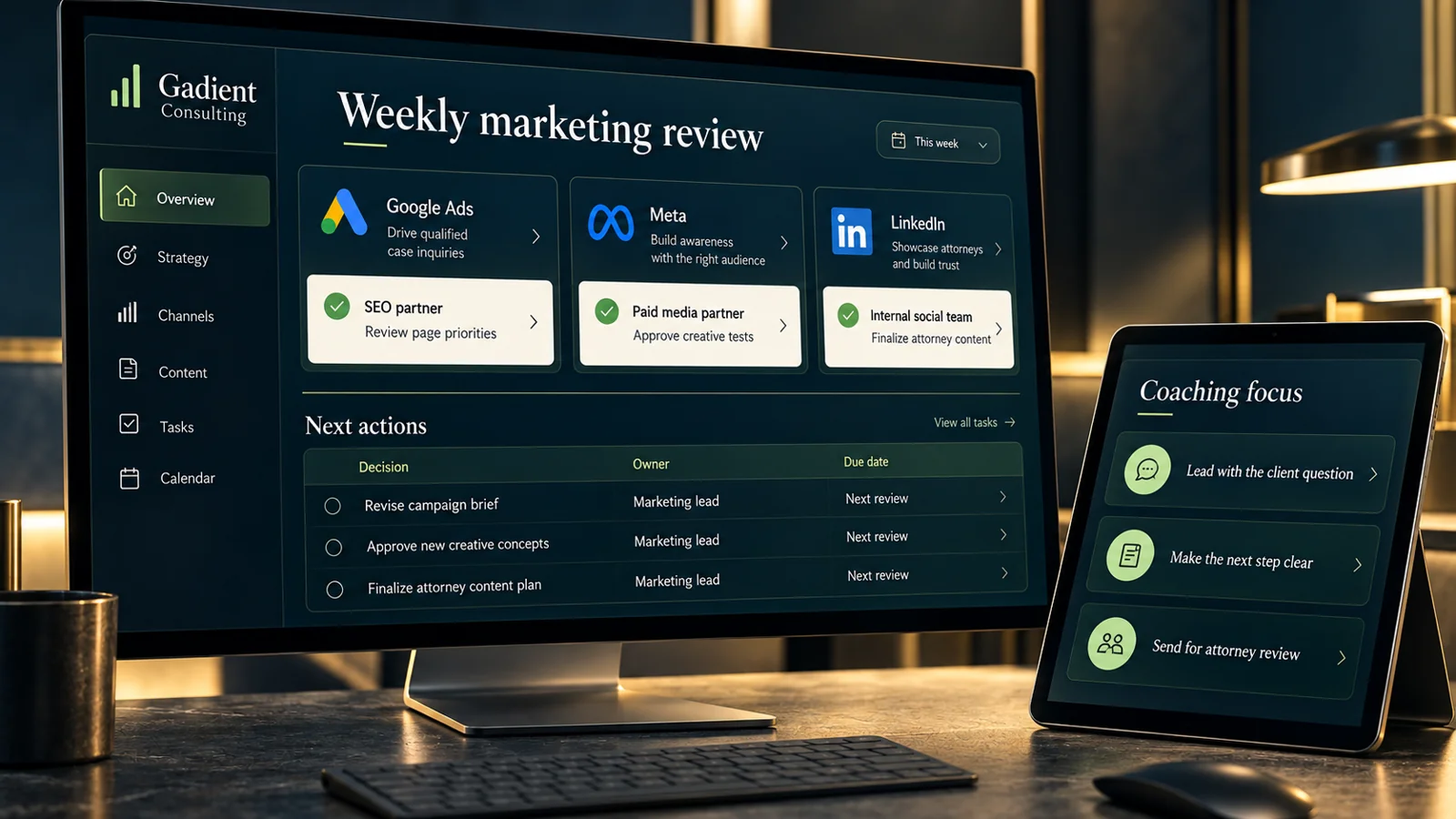 Conceptual digital workspace for fractional cmo vs. marketing agency for law firms