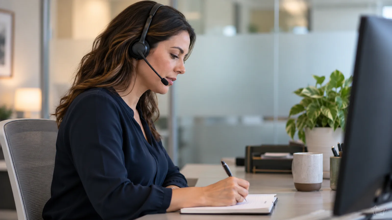 Illustrative intake professional listening through a headset and recording the next step