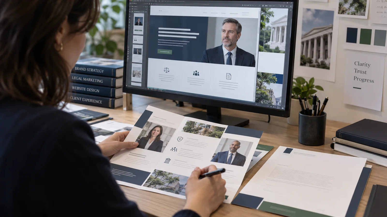 Designer developing a lawyer website, attorney brochure, and coordinated firm identity materials