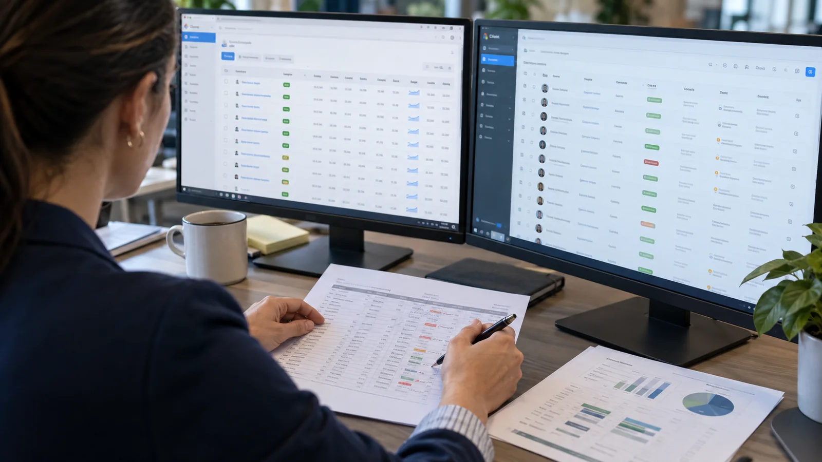 Analyst reconciling advertising campaign reports with lead-management records across two monitors