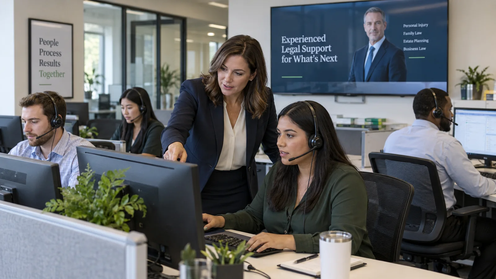 Marketing and intake staff coordinating campaigns and prospective-client follow-up inside a law firm