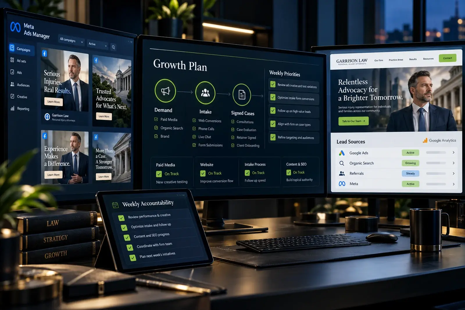 Conceptual law-firm marketing command center connecting advertising, website, intake, lead sources, and weekly accountability