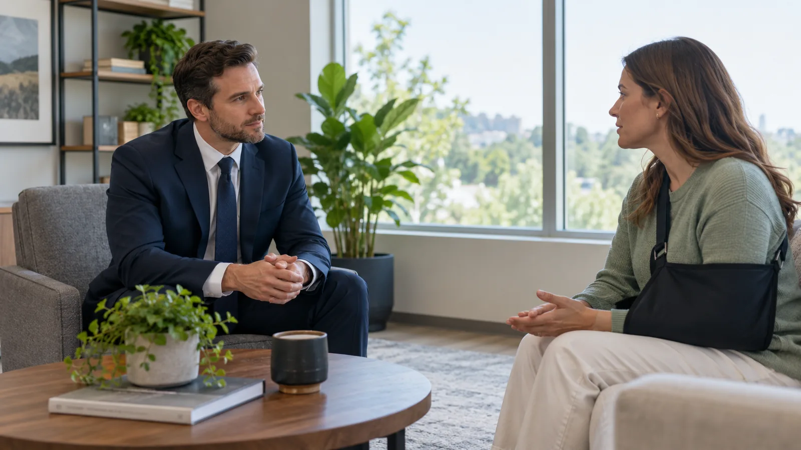 Illustrative personal injury consultation showing an attorney listening to a prospective client